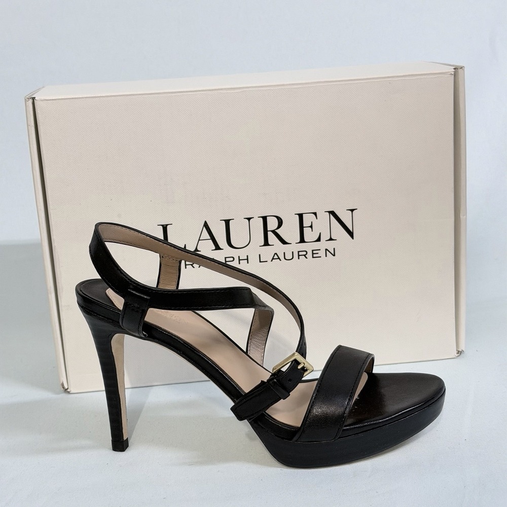 Lauren Ralph Lauren Size-5.5 B Kerri Burnished Black Leather Strappy Heel - Picture 2 of 10